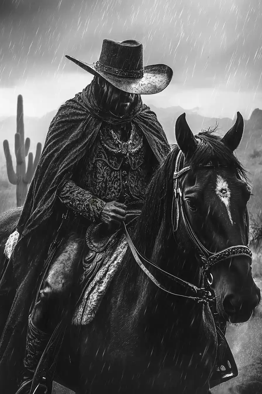 Cowboy solitario a cavallo in un deserto piovoso