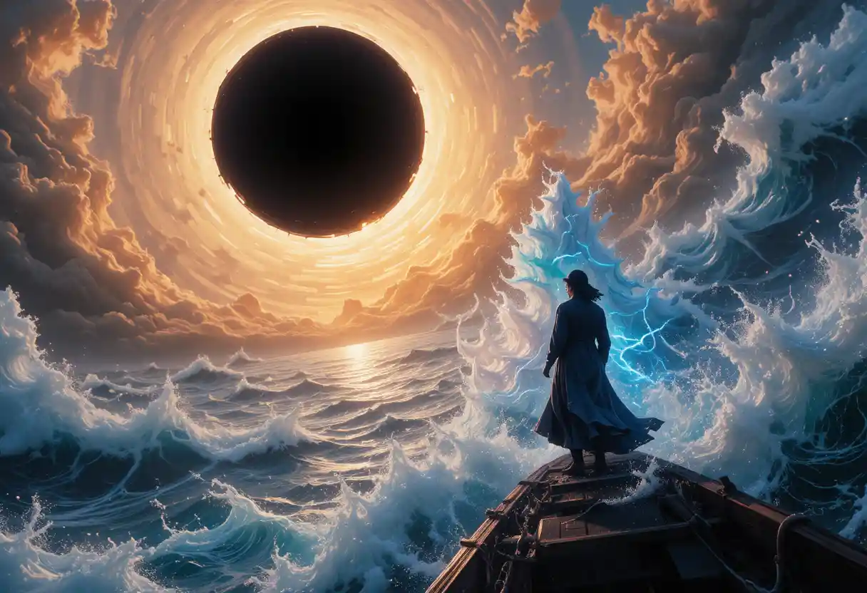 Man standing at a ship bow over a surreal shifting sea