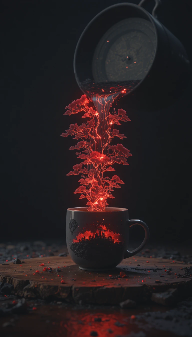 Paysage lumineux de village miniature débordant d’une tasse renversée