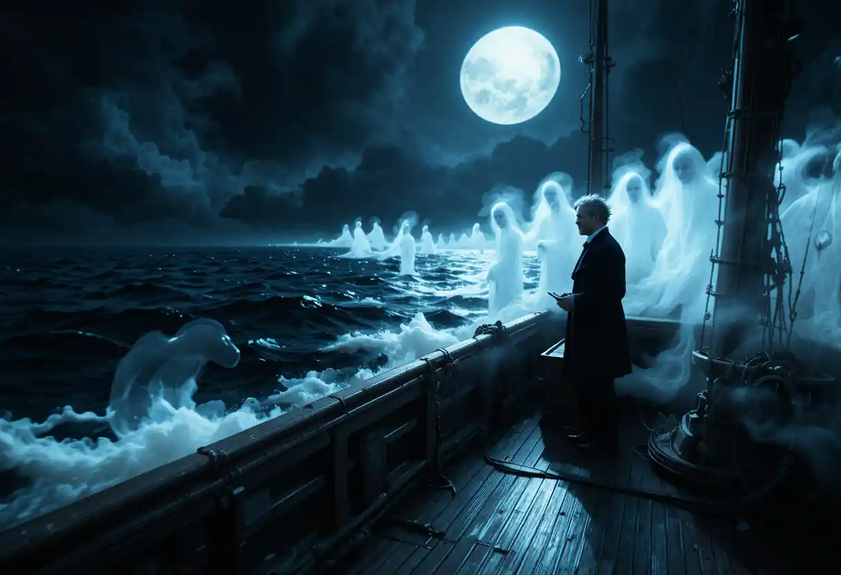 Young poet standing on a ship under a black sun
