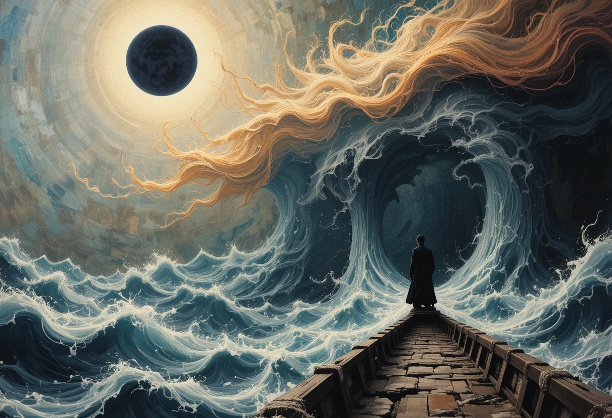 Man standing at a ship bow above a surreal sea