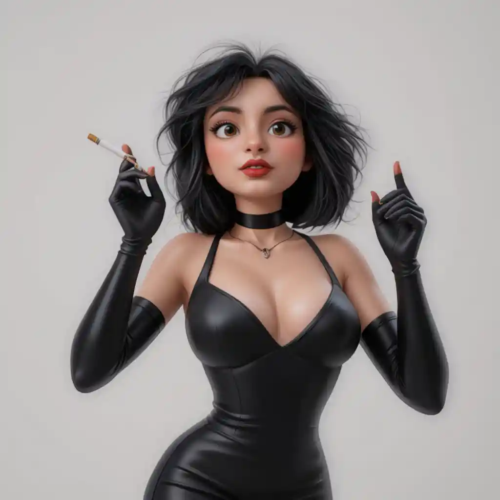 Mujer elegante con vestido negro fumando sobre fondo blanco