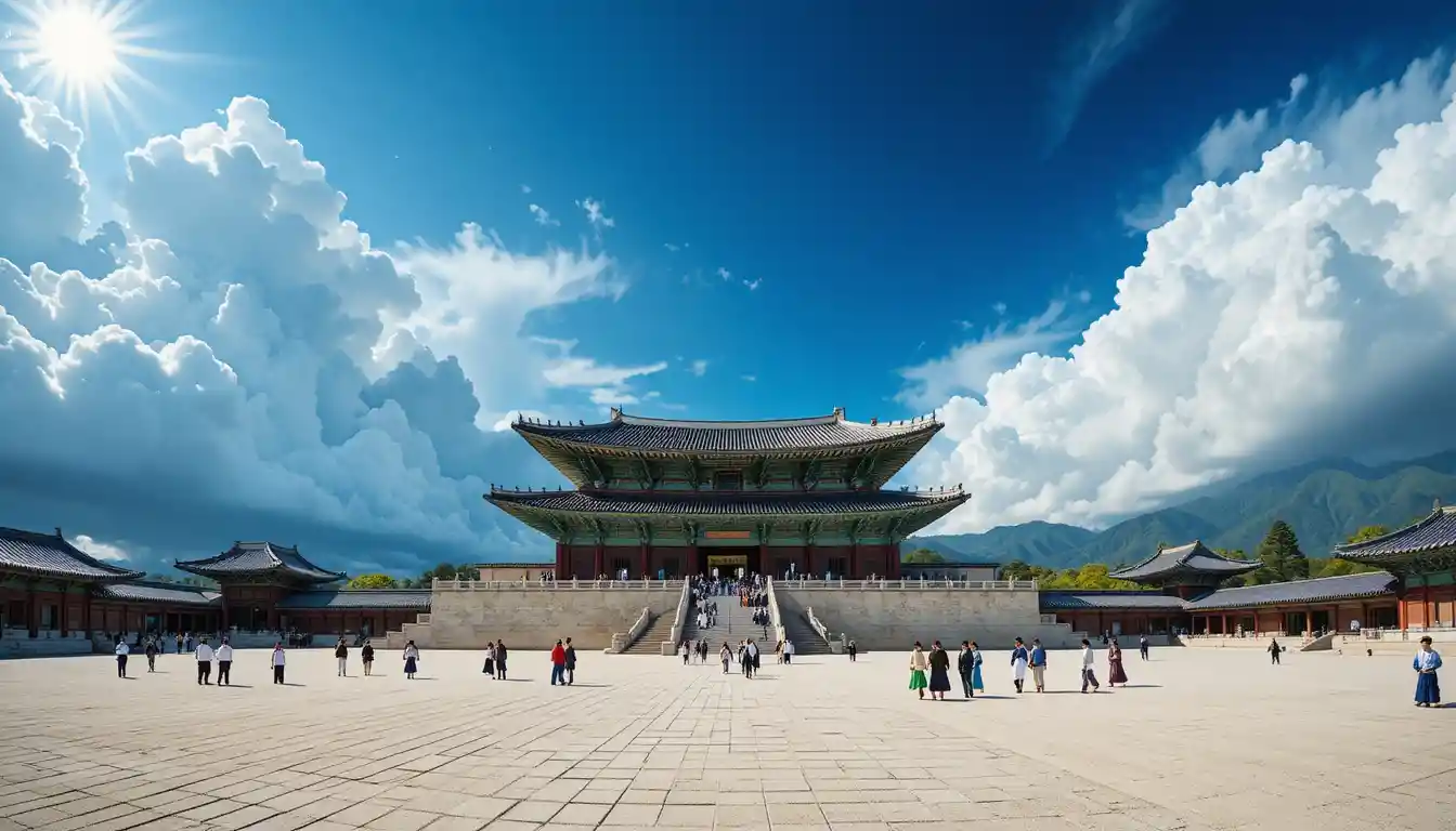 Wide view of Gyeongbokgung Palace under towering blue sky