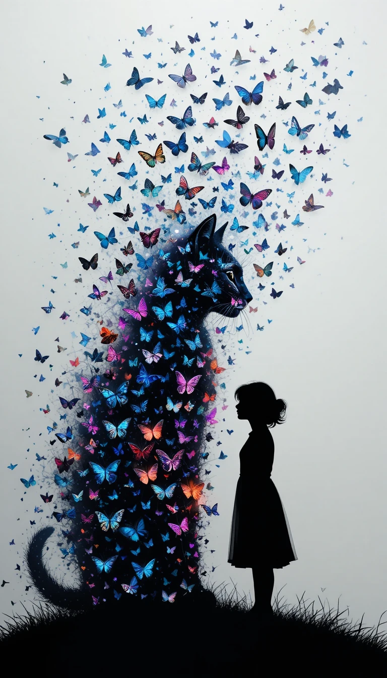 Butterfly silhouettes forming a giant cat and a girl