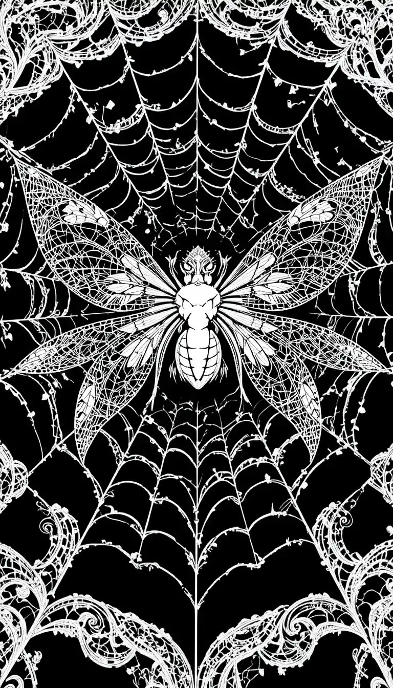 Anime fairy suspended in intricate black and white spider web
