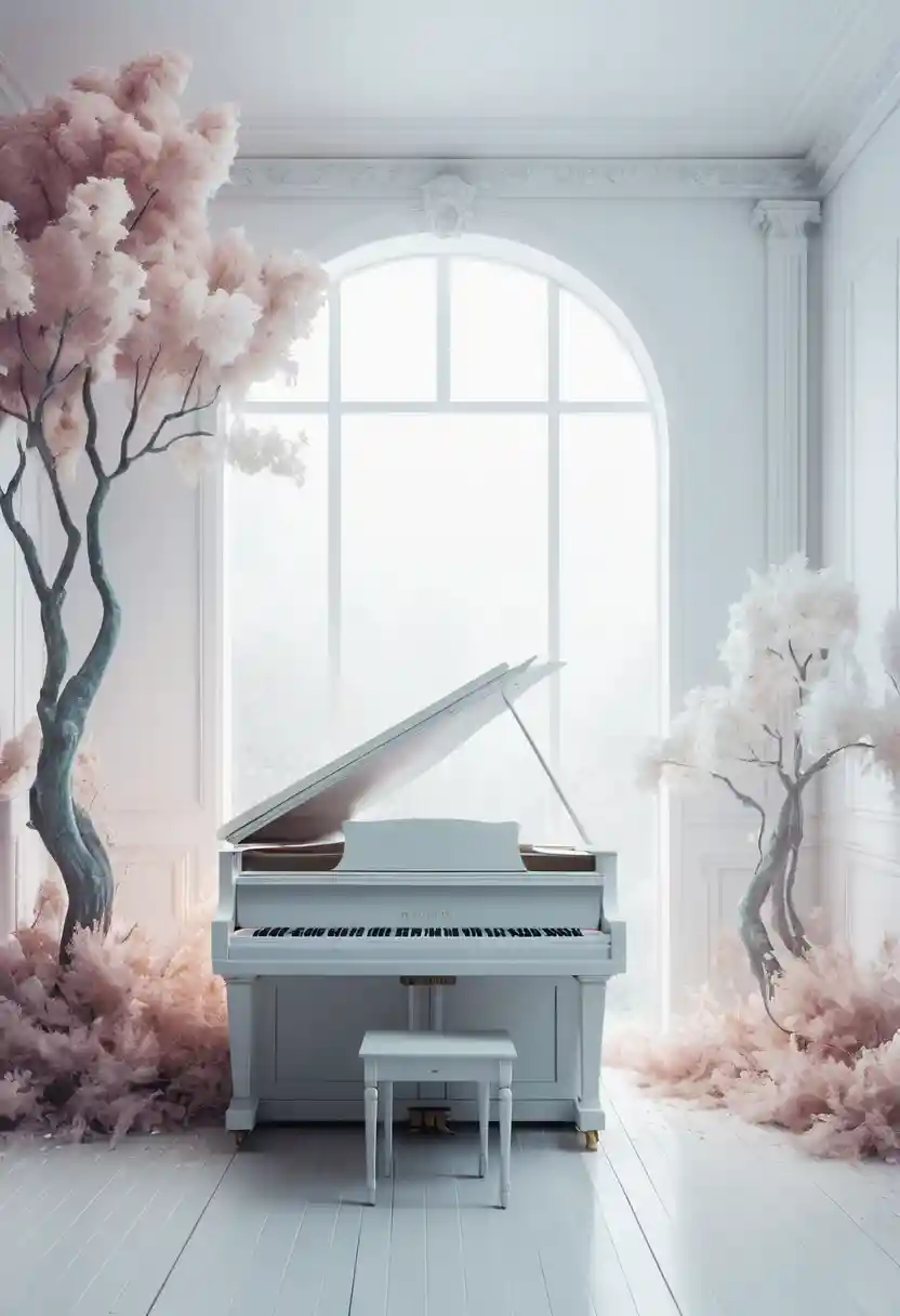 Surreal dreamscape with a white piano in soft pastel tones