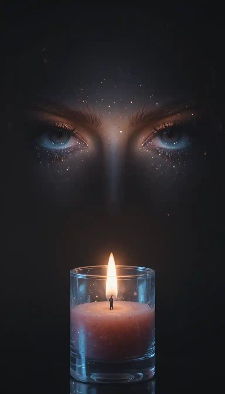 Olhos amendoados brilhantes no preto com brilho de vela abstrato