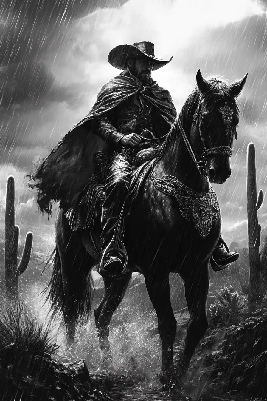 Lone cowboy riding through rainy desert in monochrome portrait