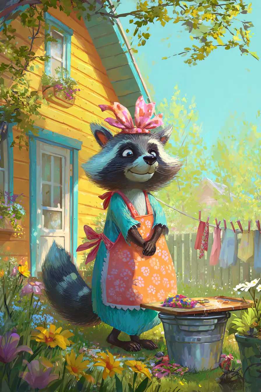 Cute raccoon washing clothes in a sunny spring garden