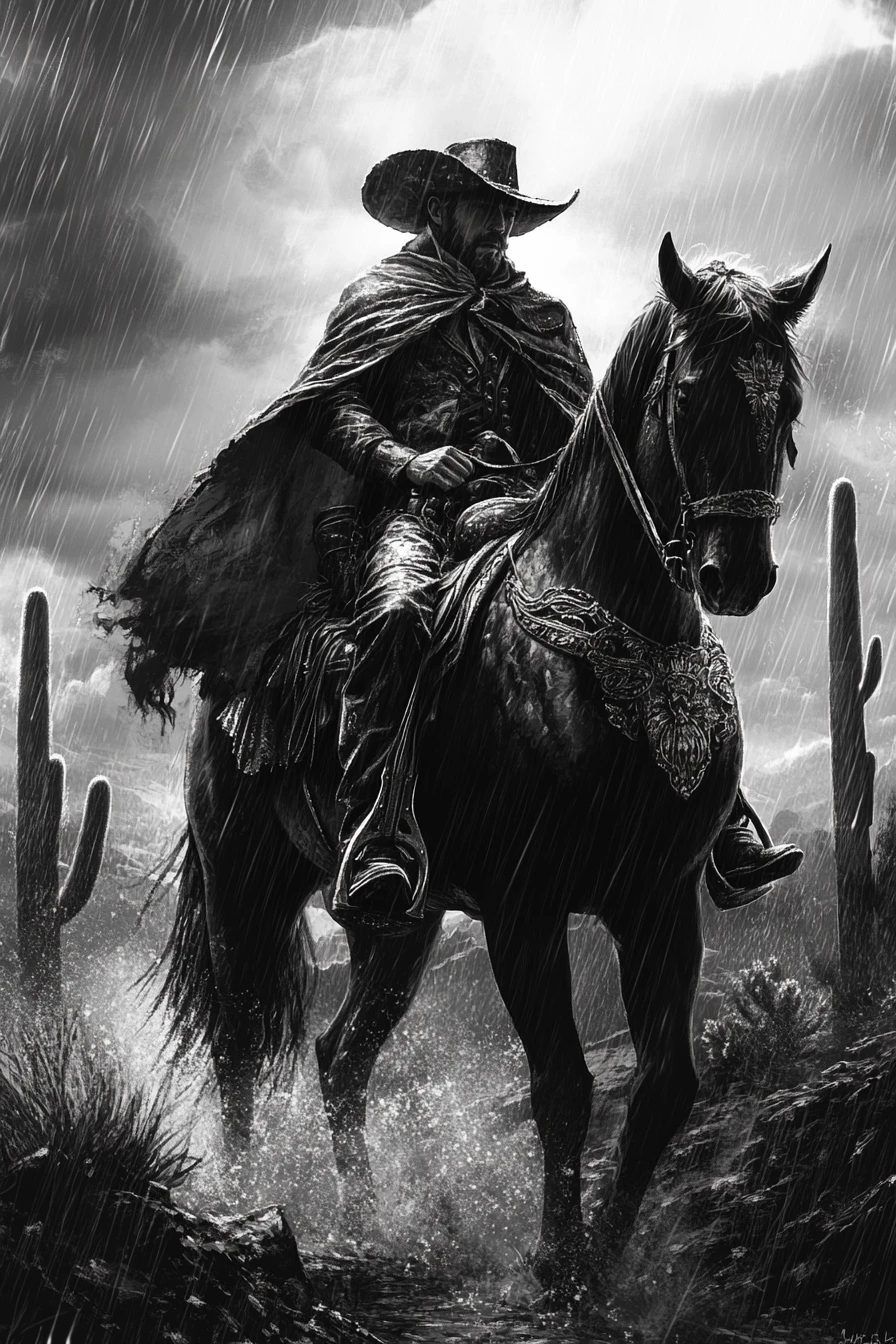 Lone cowboy riding through rainy desert in monochrome portrait