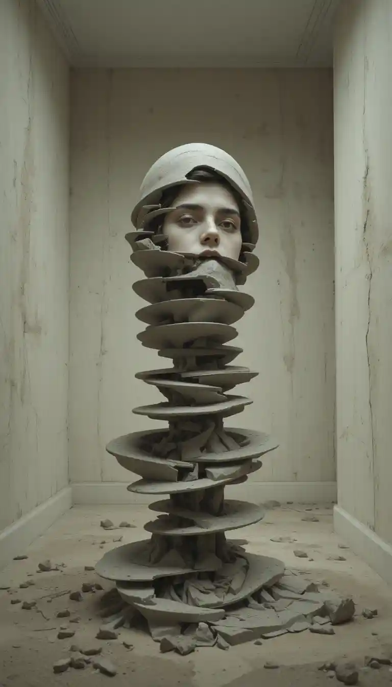 Surreal spiral female portrait in a quiet minimal space