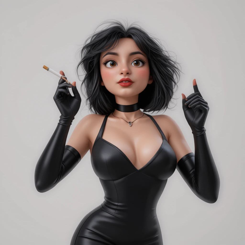 Mulher elegante de vestido preto fumando sobre fundo branco