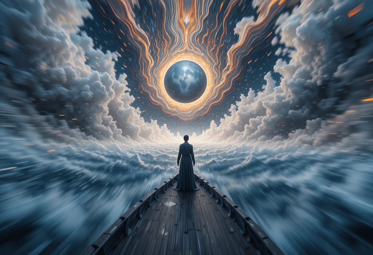 Man standing at the bow facing a surreal shifting sea