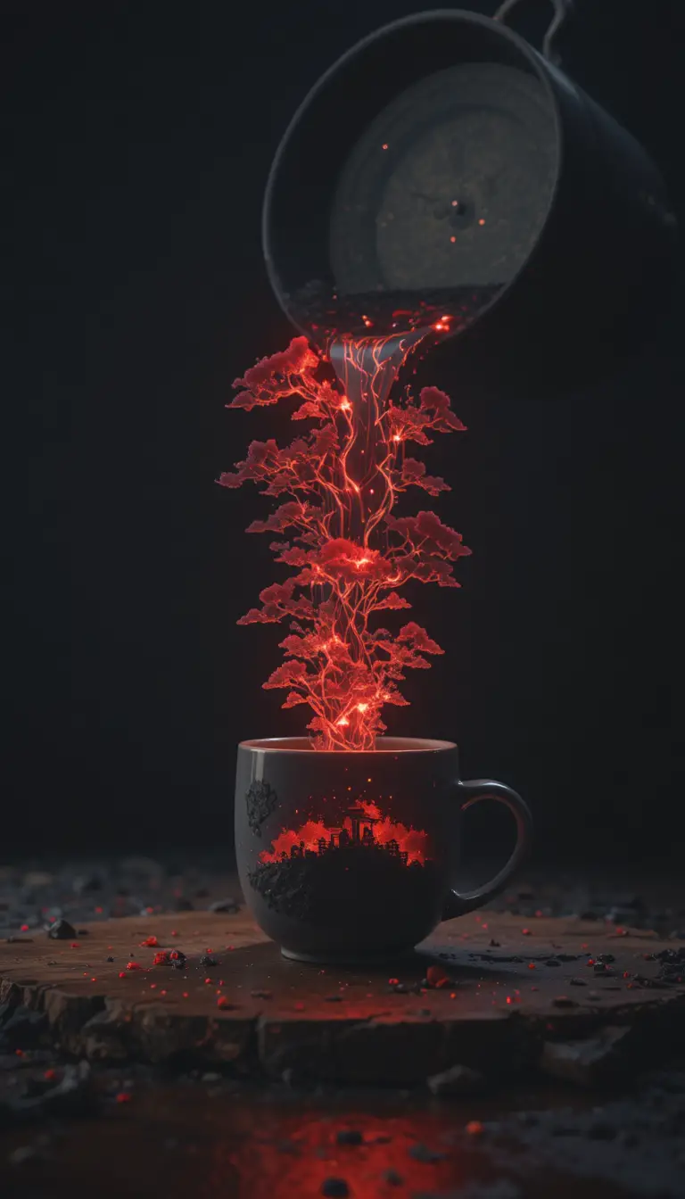Paisaje luminoso de aldea en miniatura que se derrama de una taza caída
