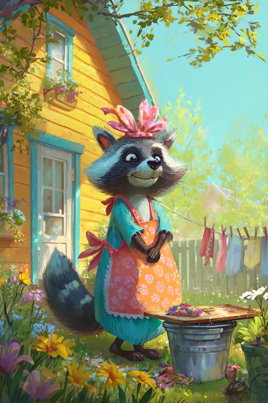 Cute raccoon washing clothes in a sunny spring garden