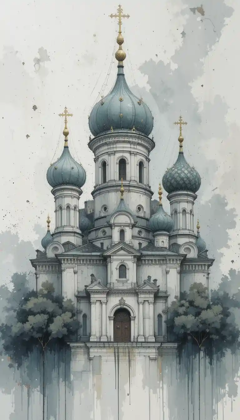 Cupole di chiesa russa in delicata acquerellatura grigia