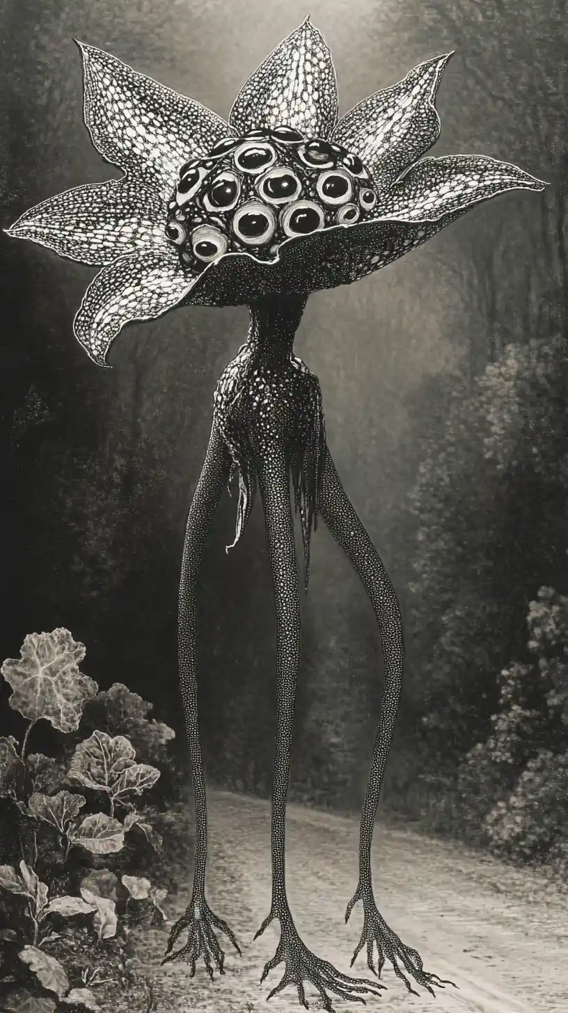 Surreal plant creature with dahlia eyes waiting by a road