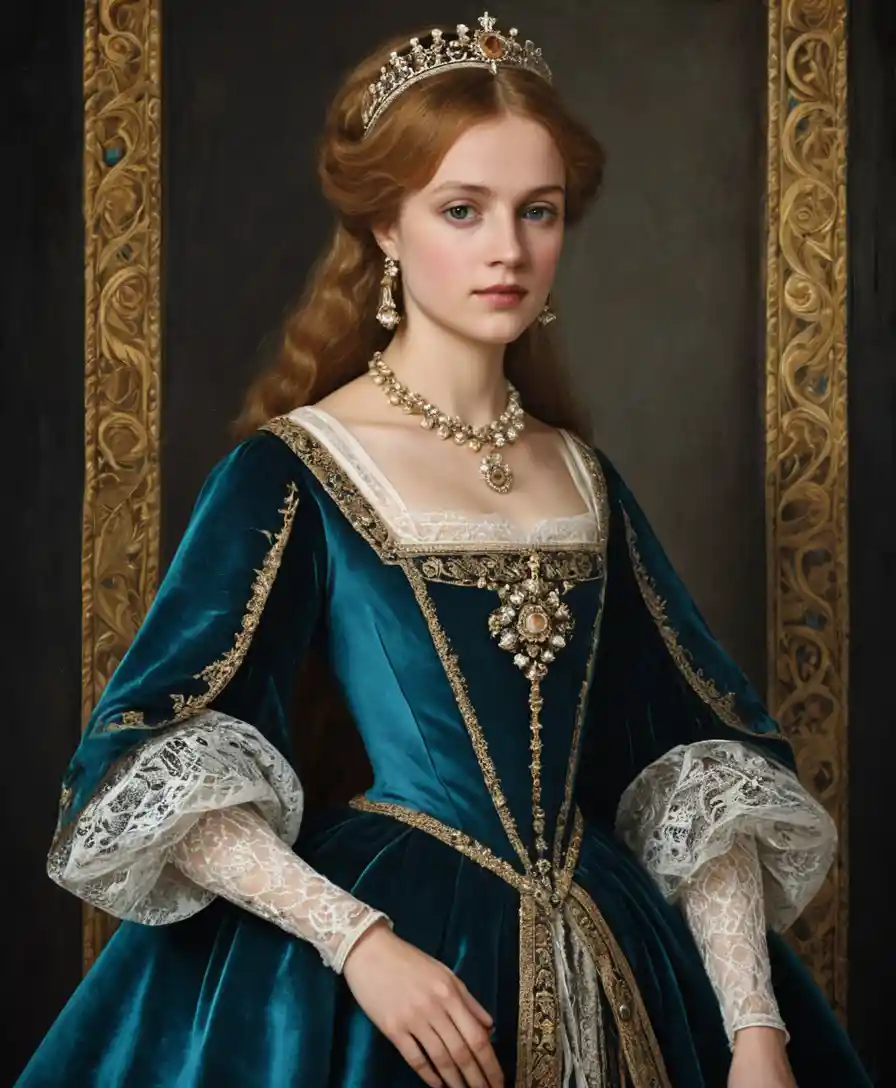 Queen Lucy I in a grand renaissance witchcraft gown