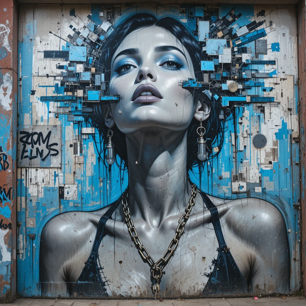 Expressive street mural of a fragmented fashion model