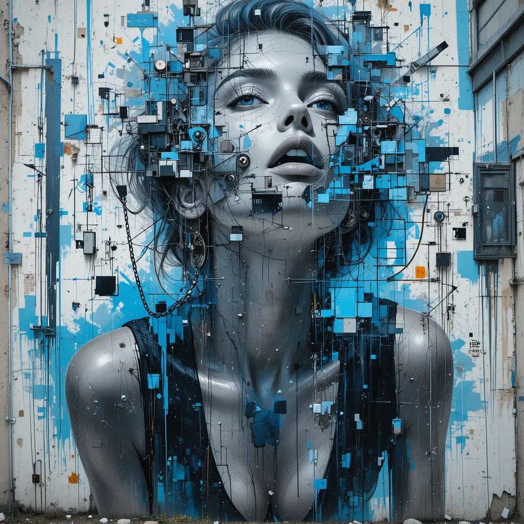 Monochrome fashion mural dissolving into abstract paint chaos