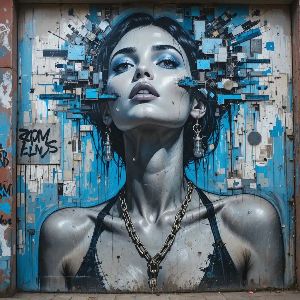 Expressive street mural of a fragmented fashion model