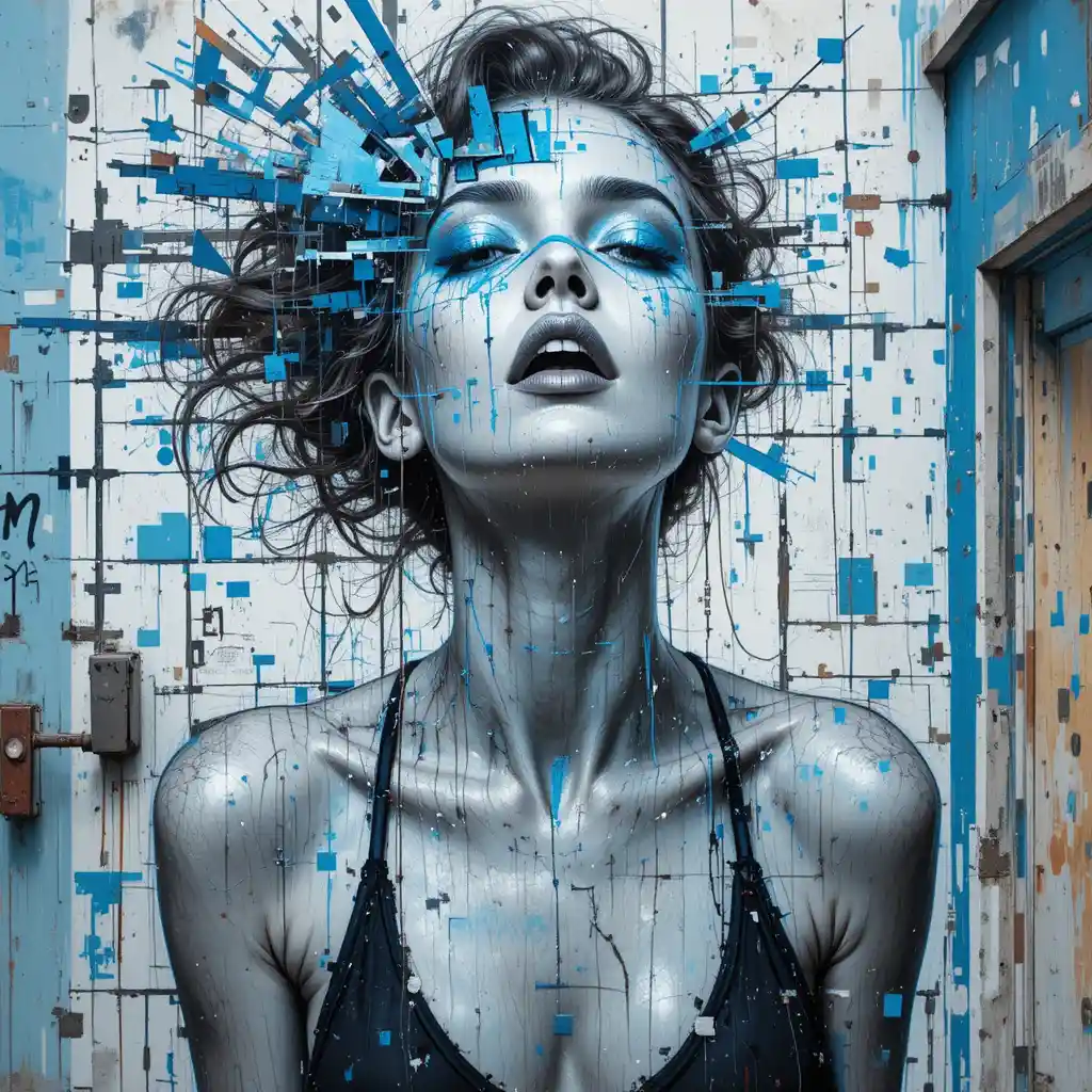 Murale di strada monocromatico con modella di moda che si dissolve