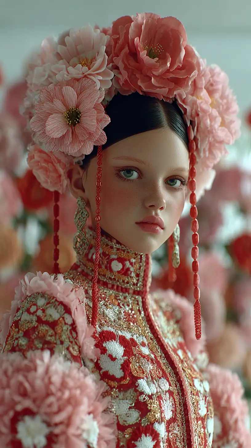 Ethereal woman in pink floral couture and traditional red gown