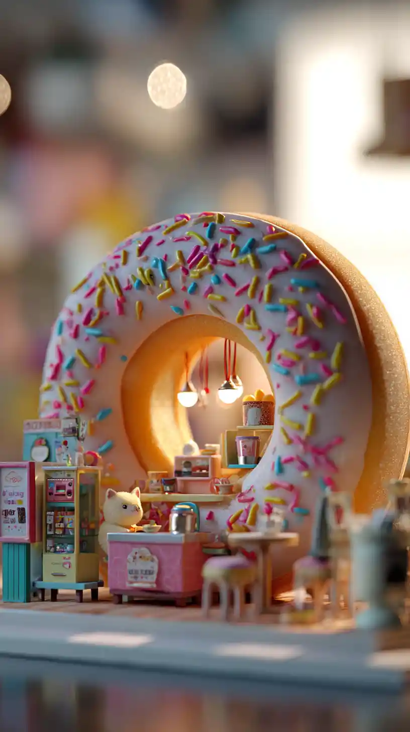 Tiny donut cafe with colorful icing and sprinkles