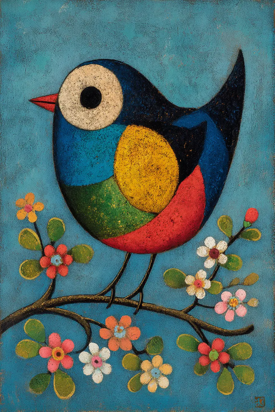 Colorful abstract bird on a spring blooming branch