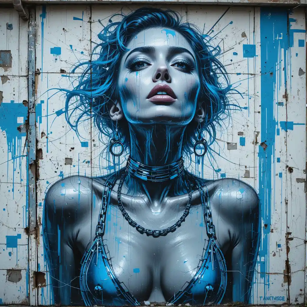 Monochrome fashion mural of a dissolving woman on urban wall