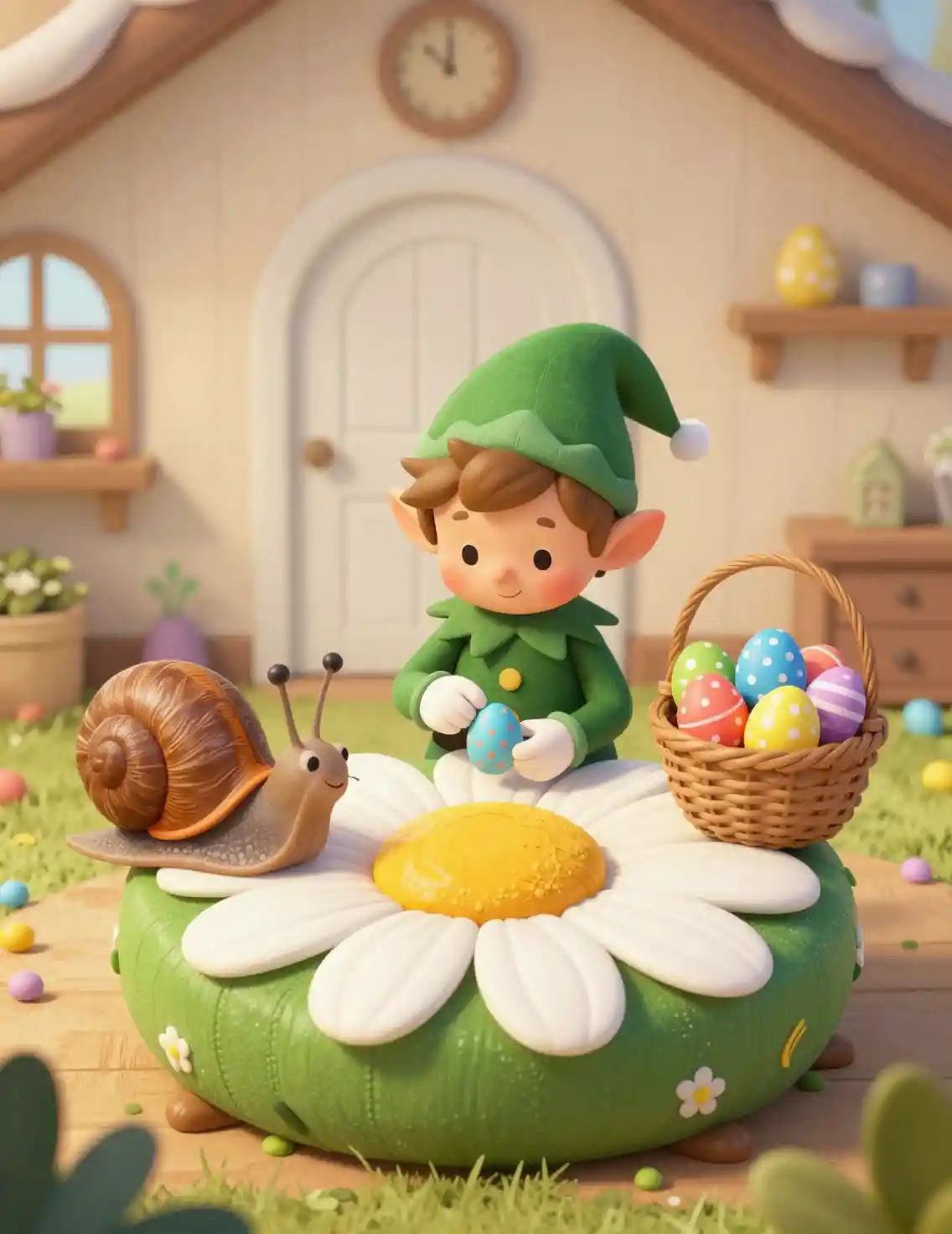 Little elf decorating easter eggs at a daisy table