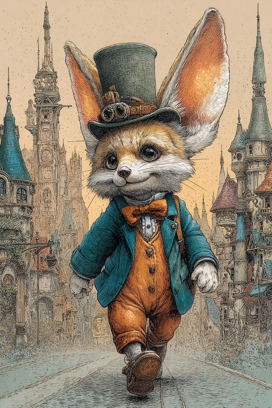 Cute fennec fox in a tall hat walking a city street
