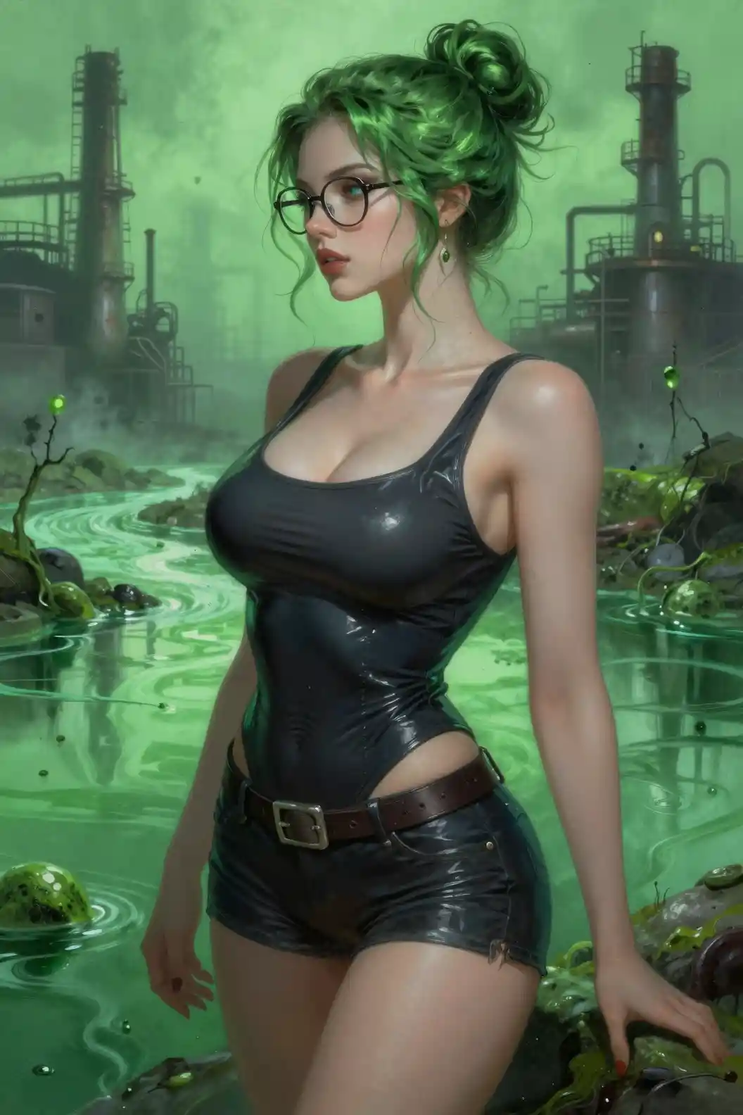 Busty woman in glasses by toxic green industrial river