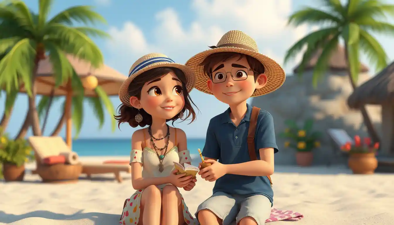 Pareja feliz disfrutando de un acogedor día de playa neón