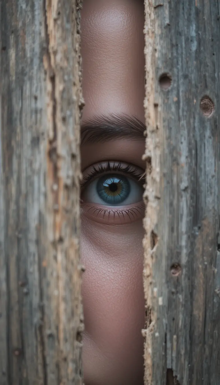 Ojo de niña enmarcado por una estrecha abertura de ventana de madera envejecida
