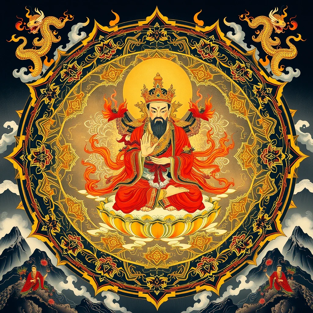 Deidade budista irada em um mandala no estilo yamato-e