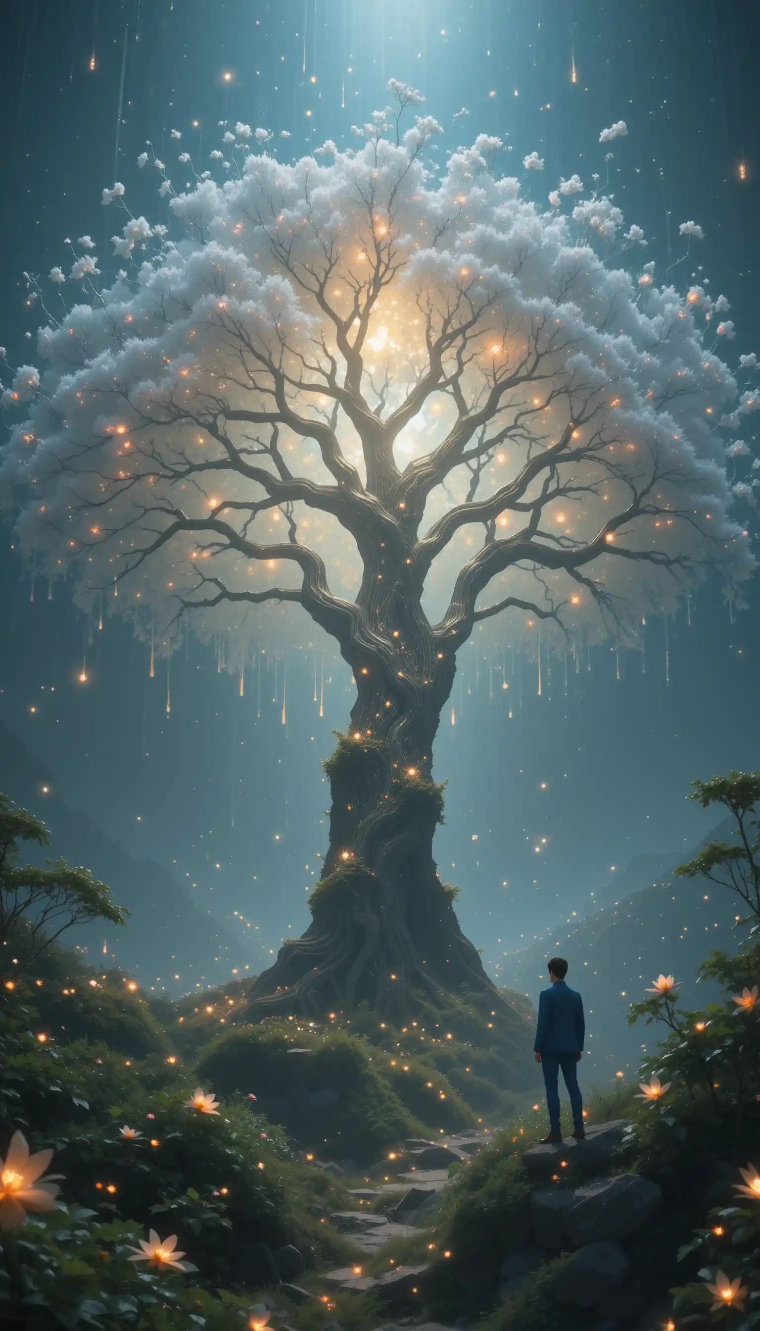 Leuchtender Biotech-Baum in einer futuristischen Frühlingslandschaft