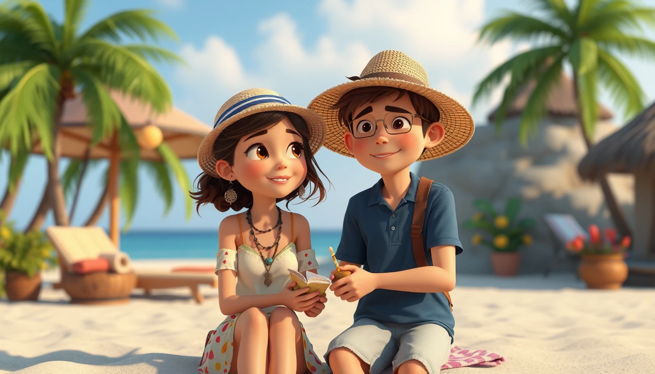 Couple joyeux profitant d’une journée de plage néon et cosy