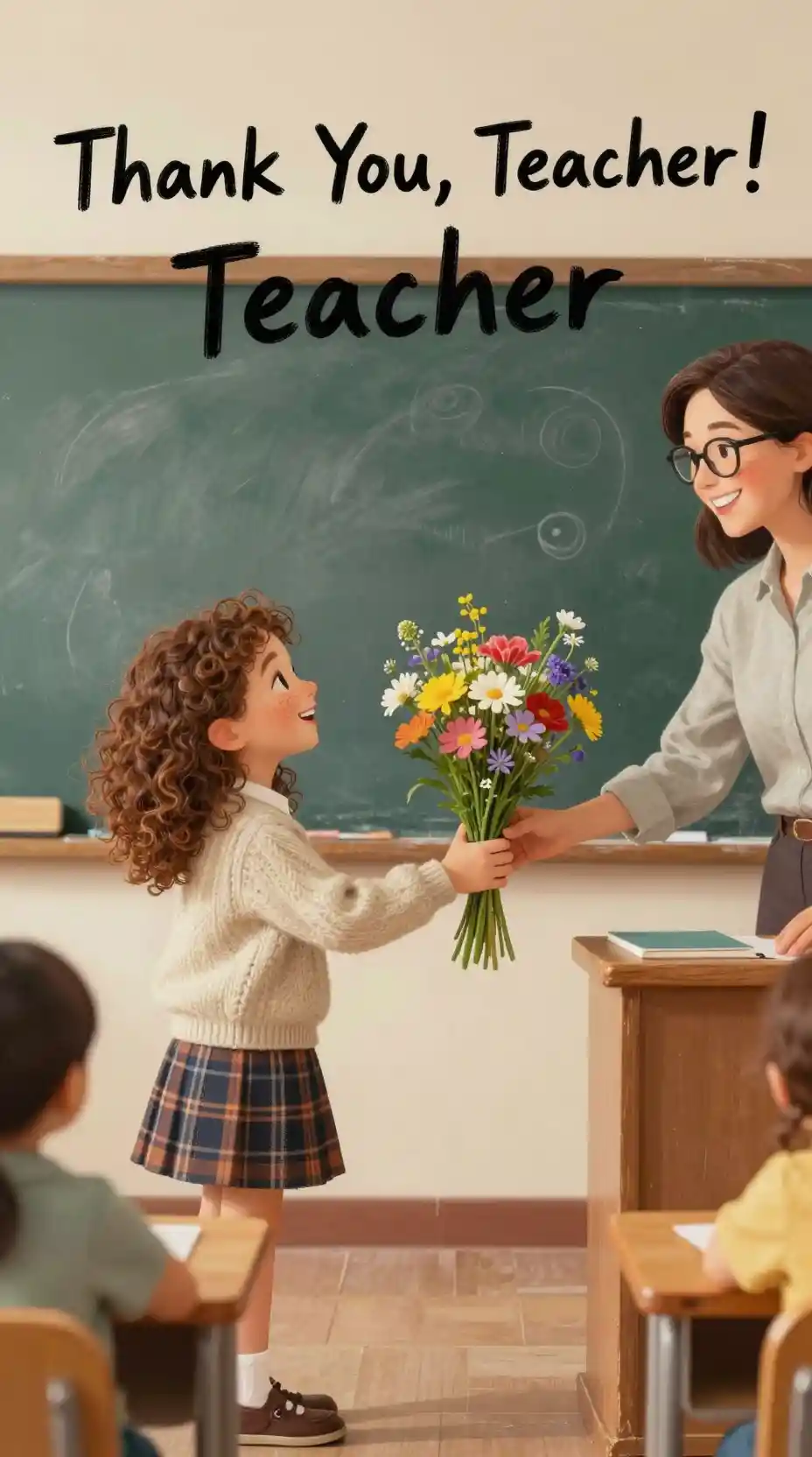 Lächelndes Mädchen, das ihrer Lehrerin einen Wildblumenstrauß schenkt