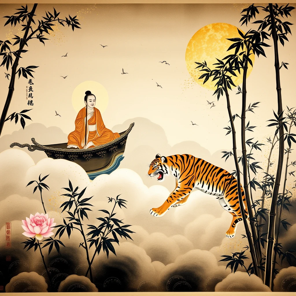Bodhidharma Cruzando el Río en un Mural Monumental Yamato-e