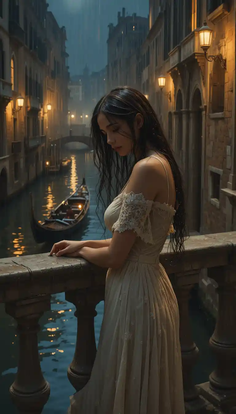 Young woman on a rainy Venetian balcony at night