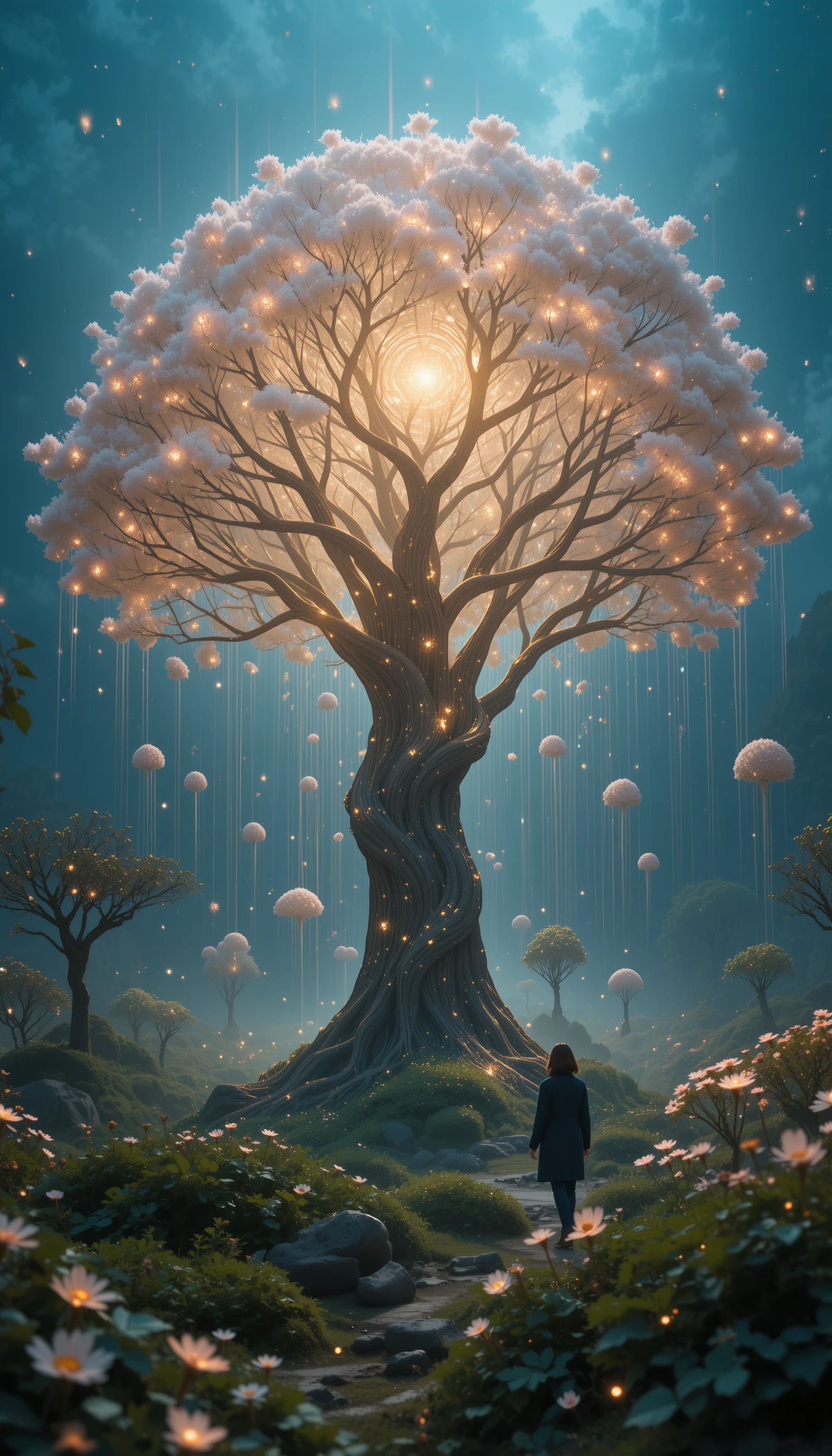 Leuchtender Biotech-Baum in einer futuristischen Frühlingslandschaft
