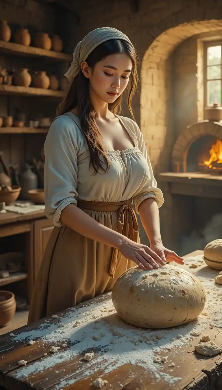 Giovane donna che impasta il pane in una rustica cucina medievale