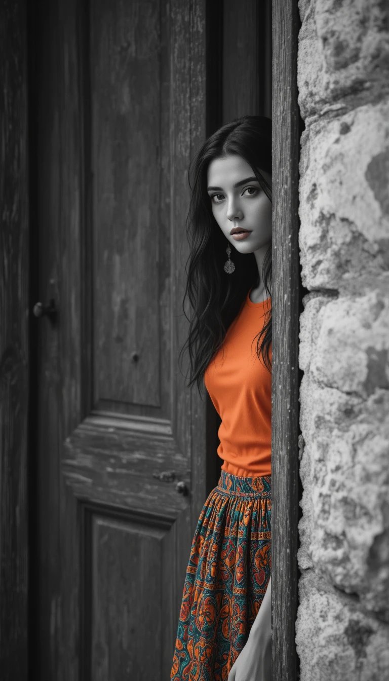 Young woman in color behind an old monochrome door