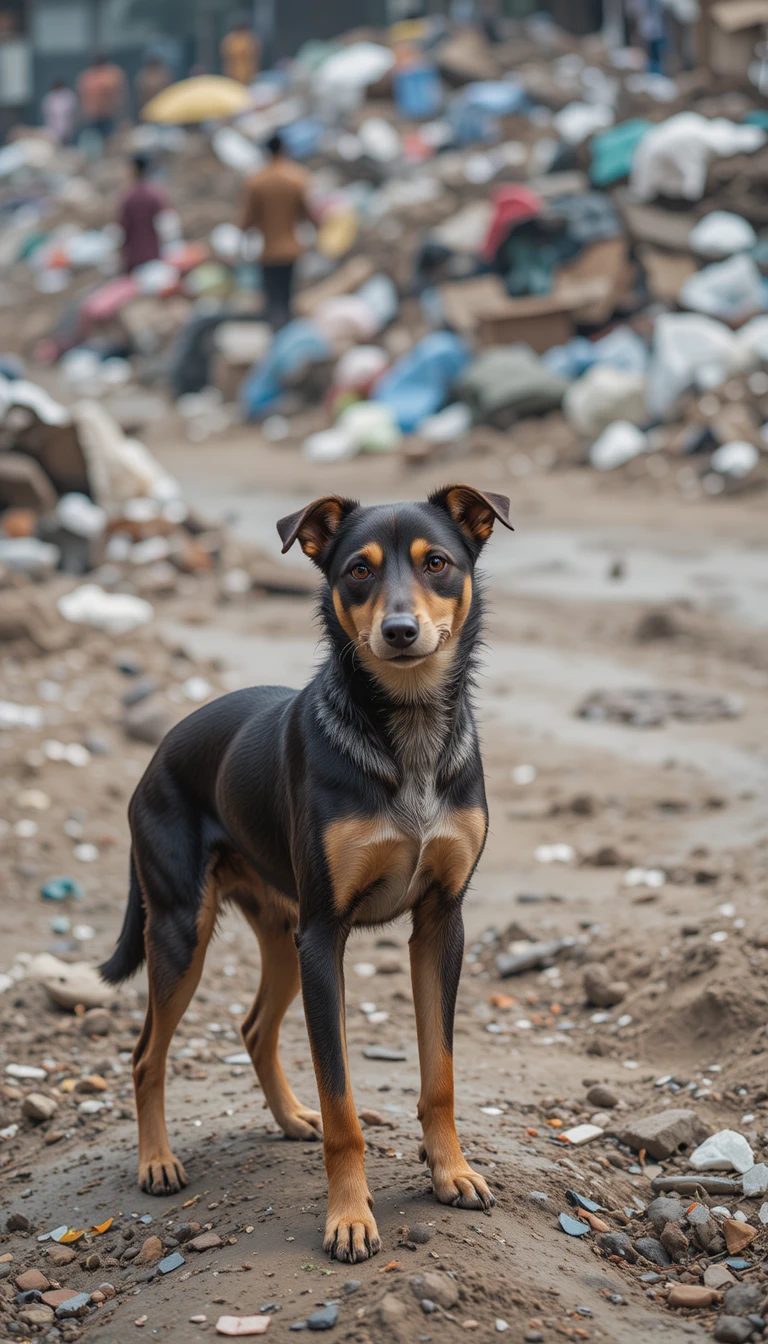 Chien errant indien près d’une décharge avec des personnes en arrière-plan