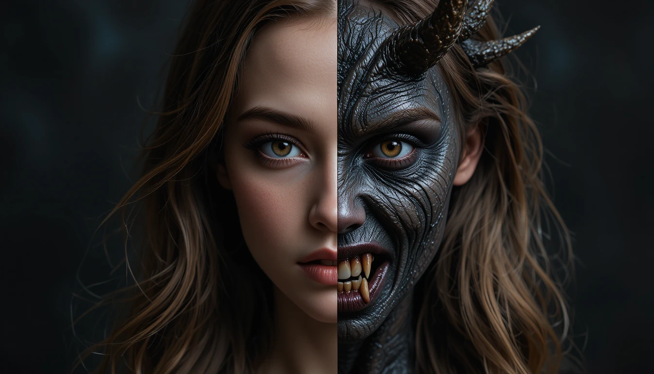 Young woman half human half demon in dramatic light