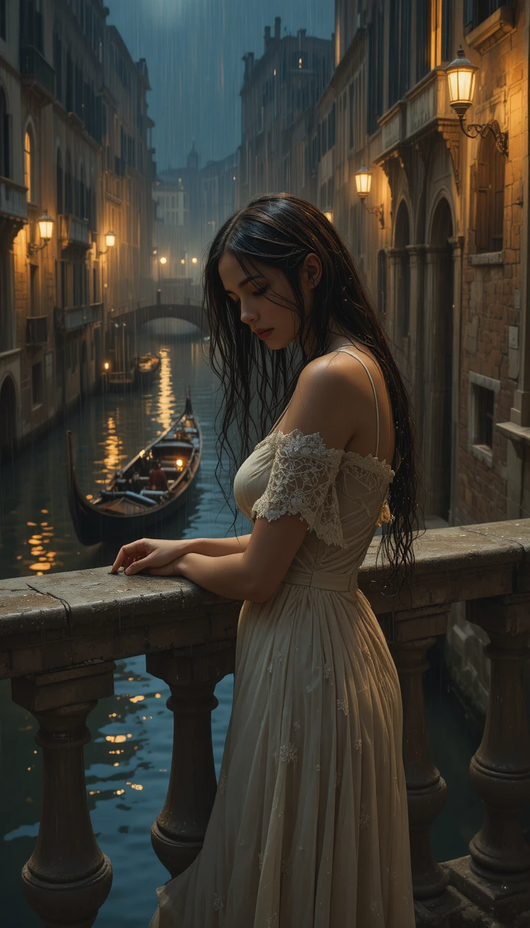 Young woman on a rainy Venetian balcony at night