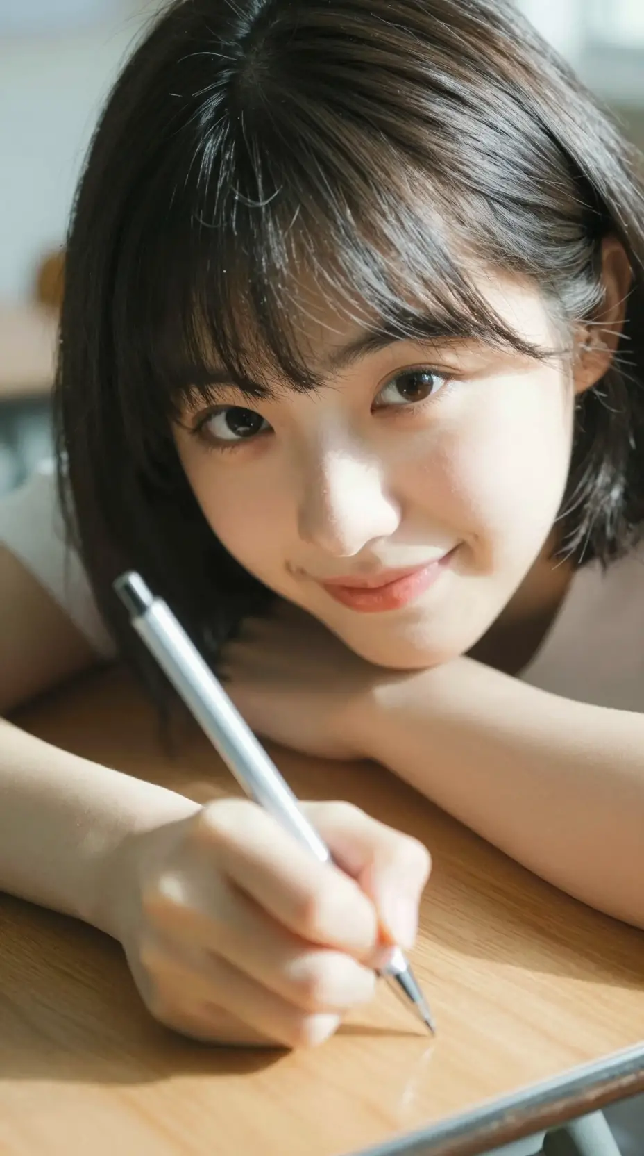 Playful japanese girl leaning over a nostalgic classroom desk
