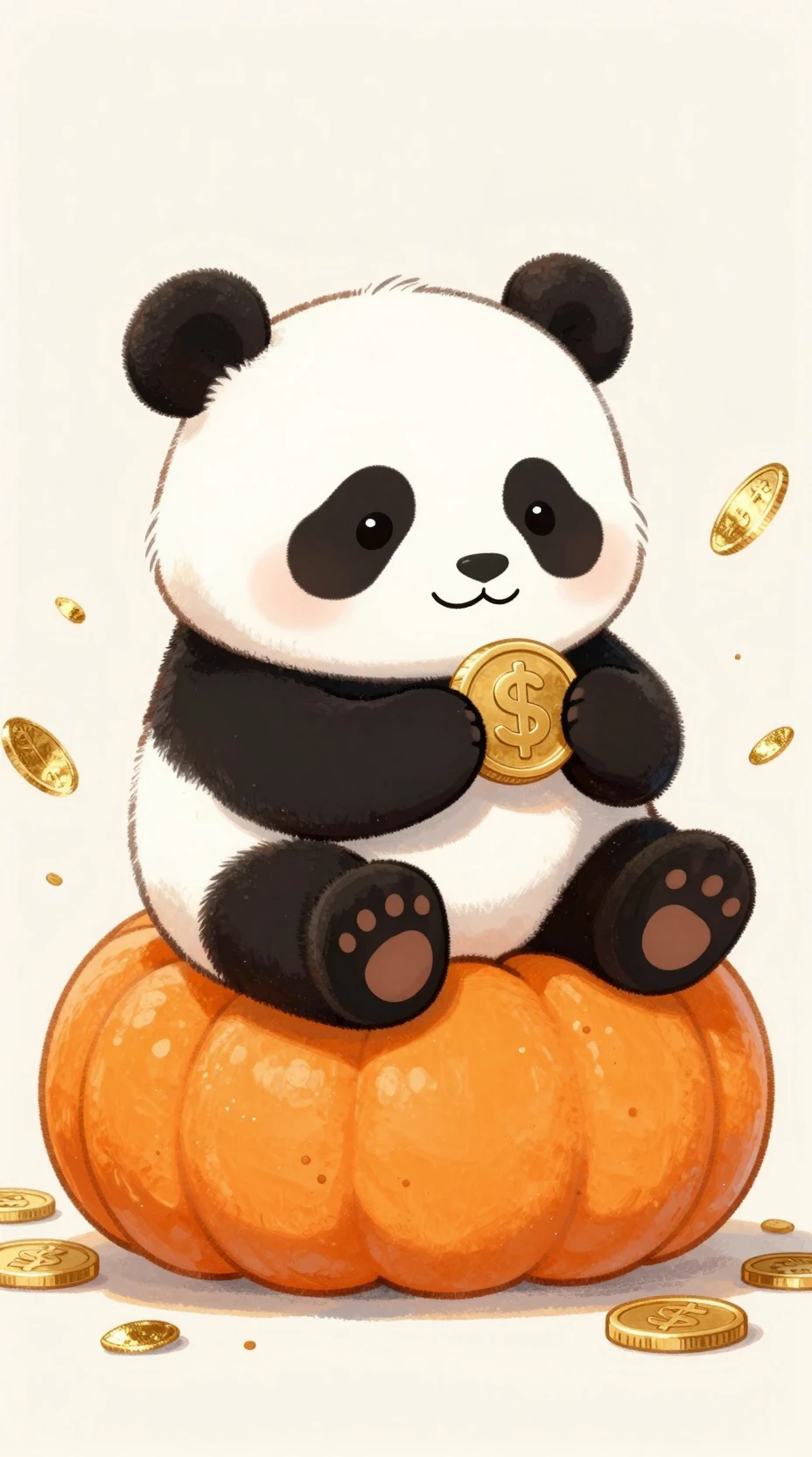 Cute baby panda playing on a big orange pumpkin