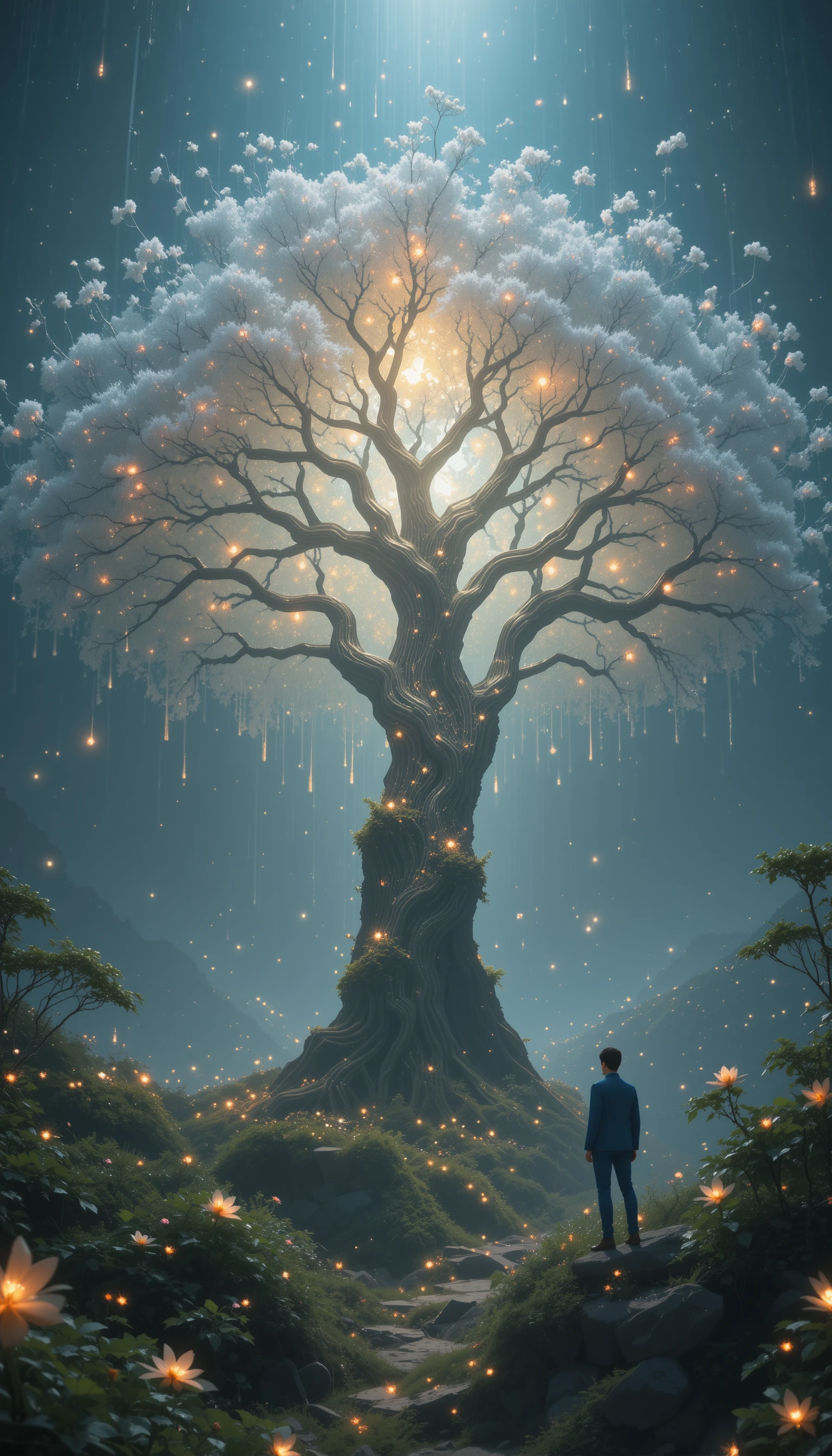 Leuchtender Biotech-Baum in einer futuristischen Frühlingslandschaft